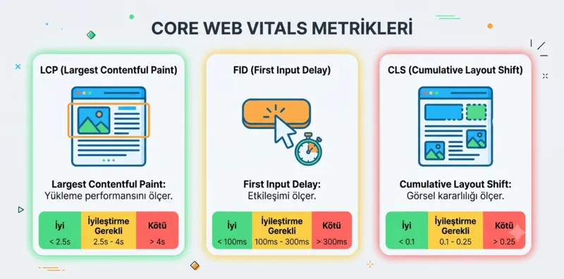 Core Web Vitals metrikleri: LCP, FID, CLS